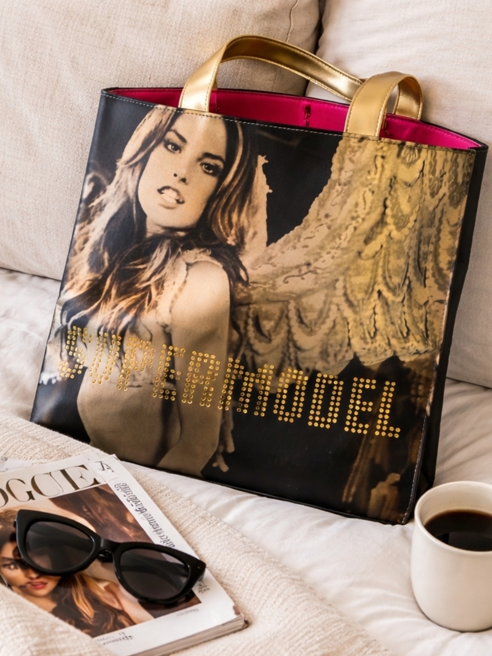 Victoria's Secret Supermodel Black Graphic Tote w Gold Handles and Pink Interior